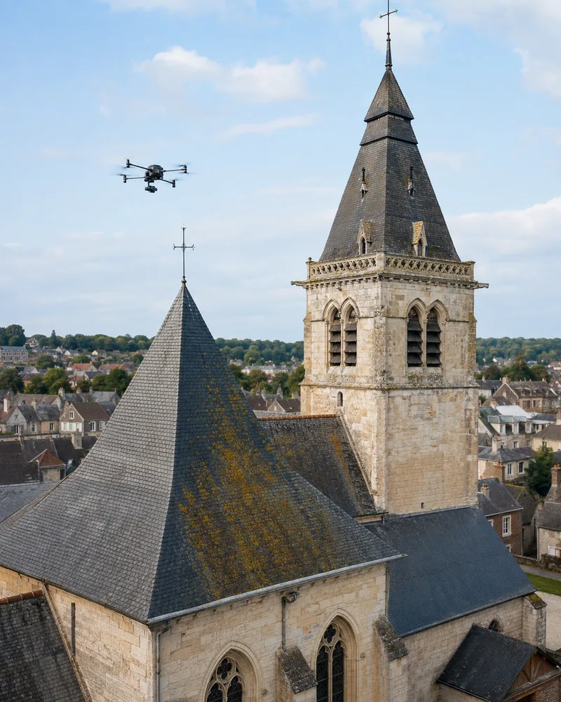 Drone inspectant la toiture d'un édifice patrimonial